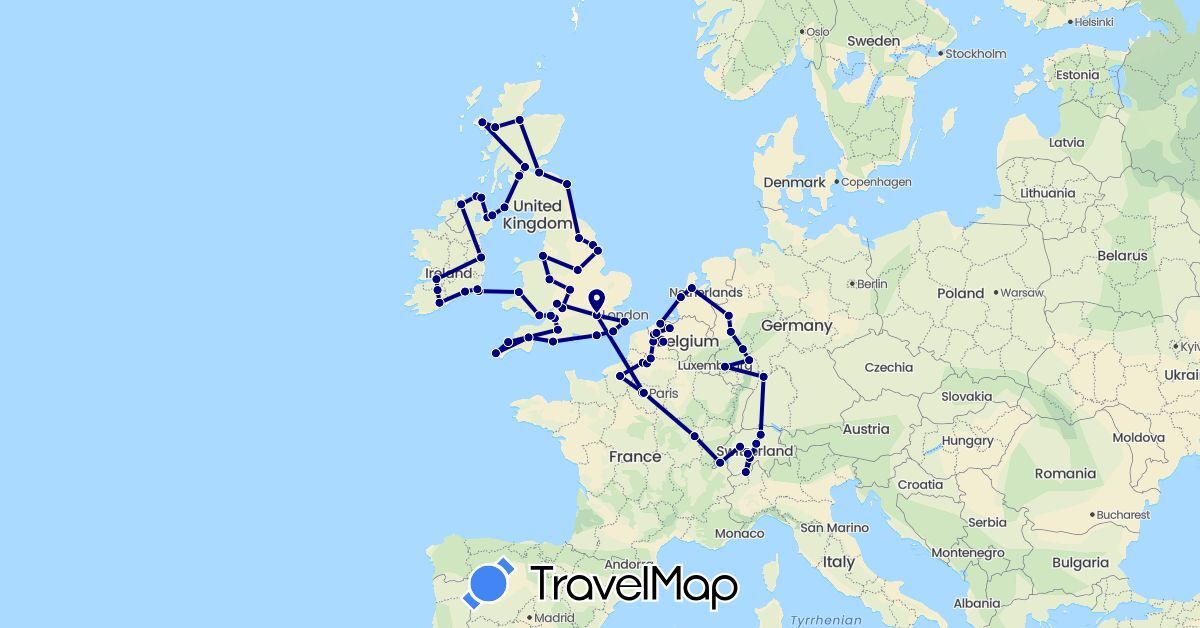 TravelMap itinerary: driving in Belgium, Switzerland, Germany, France, United Kingdom, Ireland, Netherlands (Europe)